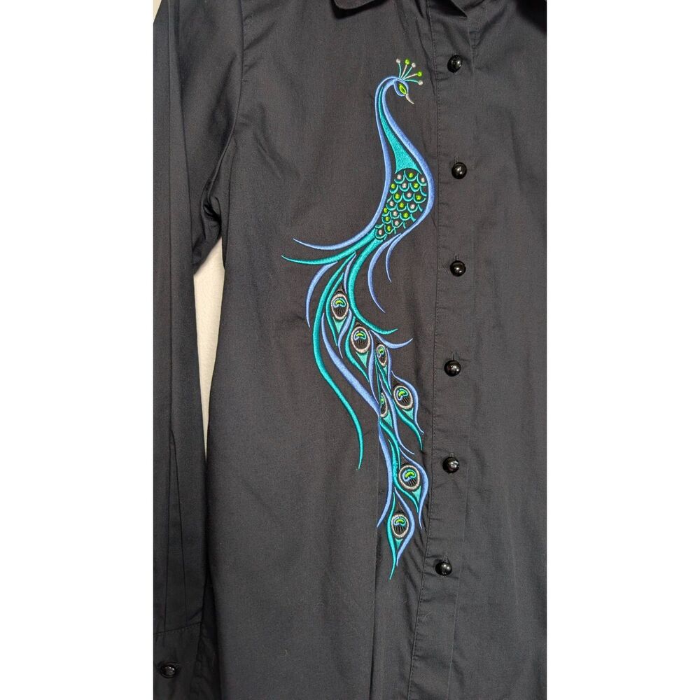 Vintage Bob Mackie Wearable Art Peacock Embroidered Black Button Shirt XS - Picture 6 of 7